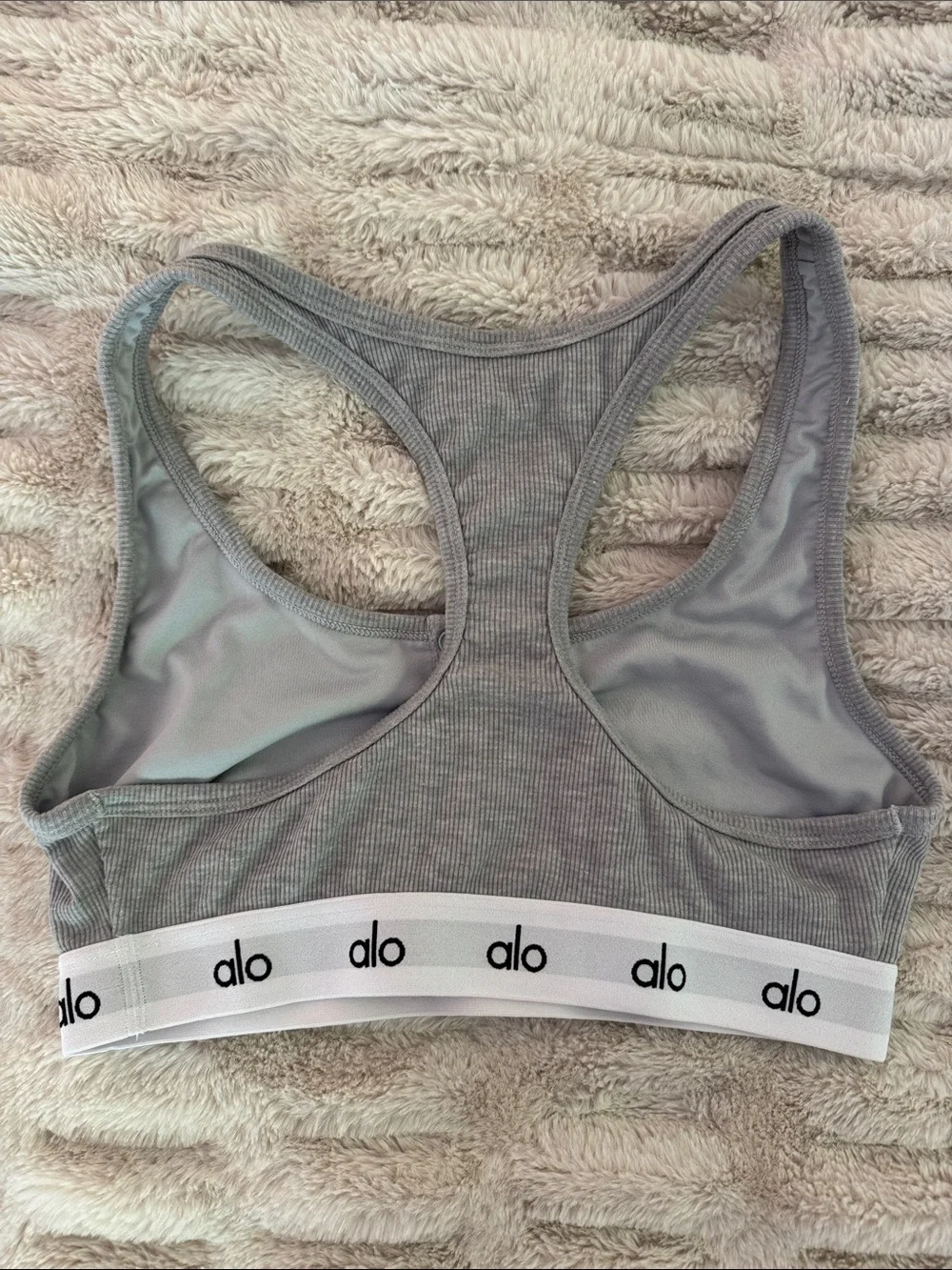ALO Yoga Light Gray Ribbed Racerback Sports Bra with Logo Band